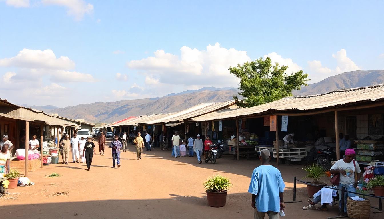 Market street lined with small shops under a blue sky (illustrative photo)